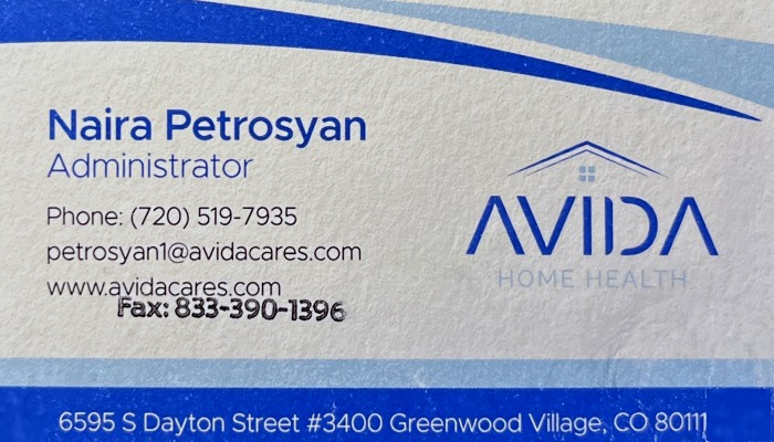 Avida Home Health Business Card